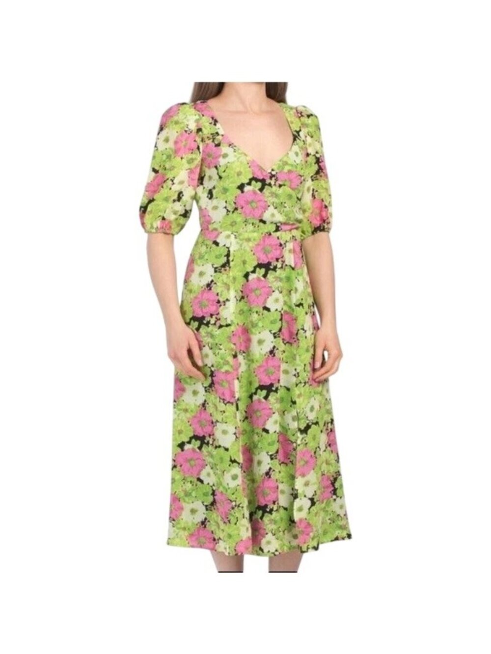 WAYF Floral Midi Dress XS Surplice Neck Short Puff Sleeve Green Pink Boho Chic